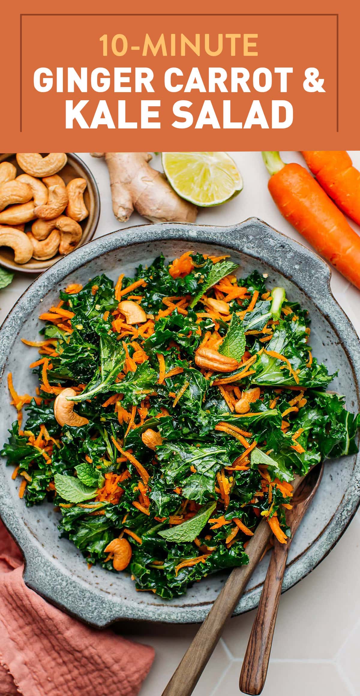 This oil-free kale and carrot salad is fresh, tasty, easy to make, and perfect for a light dinner or an appetizer. It requires just 7 simple ingredients and is infused with ginger for a zesty and spicy flavor! #salad #plantbased #vegan #kale