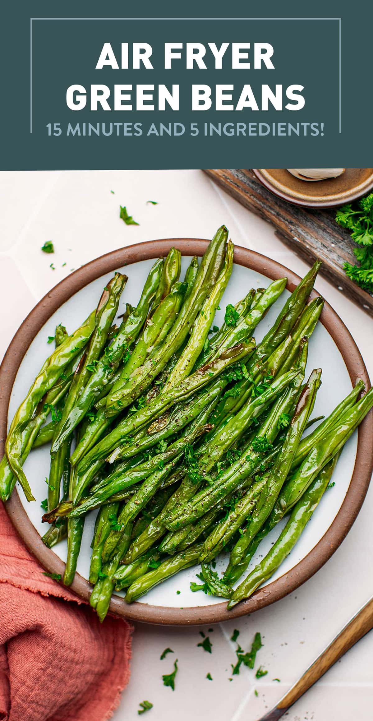 Looking for a quick 15-minute side dish? These air fryer green beans are tender, slightly crispy, and loaded with garlic. Made entirely in the air fryer with just 5 ingredients, this healthy side dish pairs well with any meal! #airfryer #greenbeans