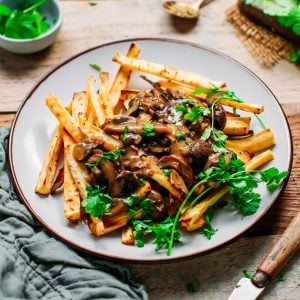 Baked Parsnip Fries with Mushroom Gravy