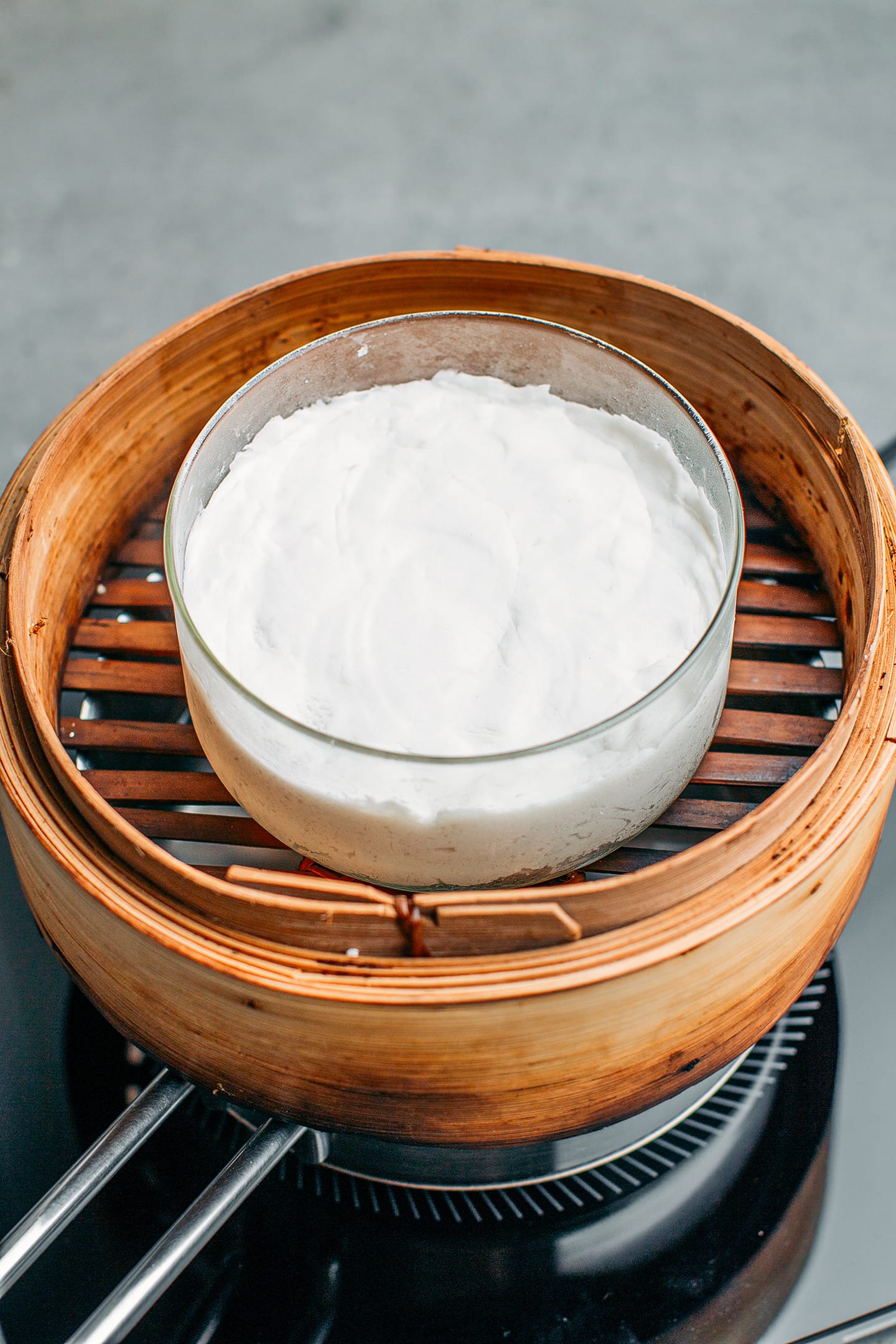 Rice flour cake in a bamboo steamer.