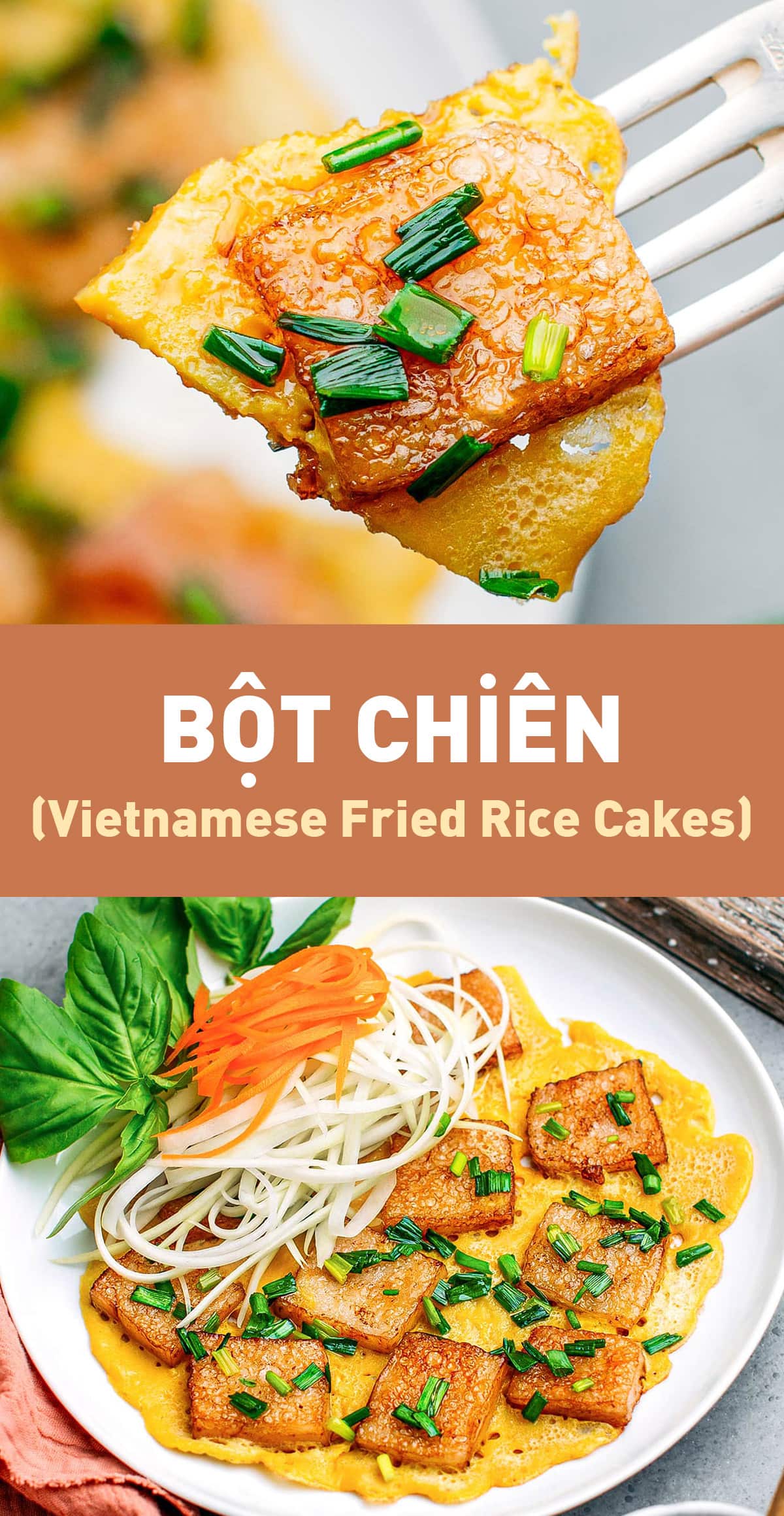 Bột chiên is a traditional Vietnamese dish that features crispy fried rice cakes with omelet, green onions, shredded green papaya, and pickles. It's a unique dish that is packed with bold flavors! #vietnamesefood #vegan