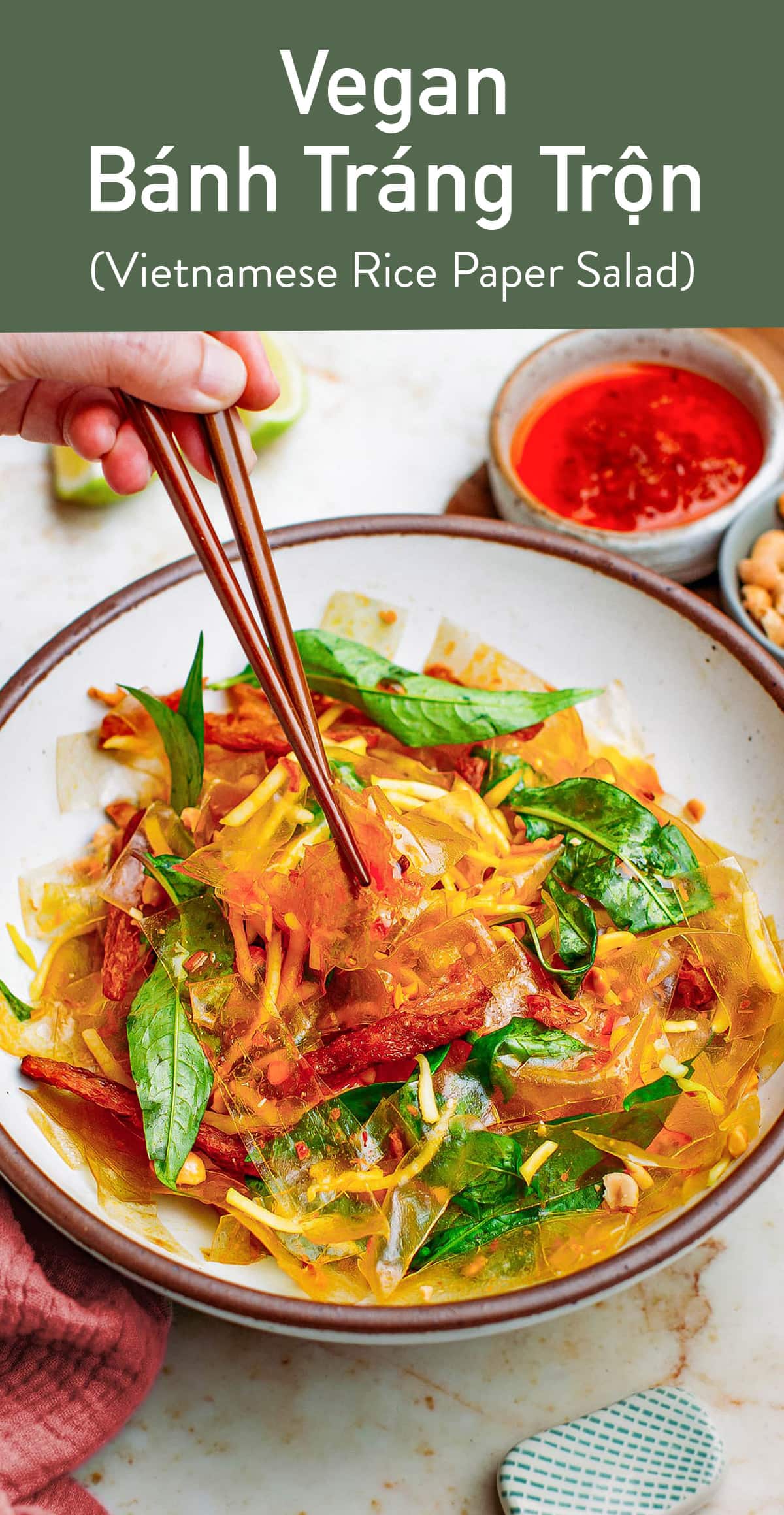 Chewy, spicy, and zesty rice paper salad! Flavored with lemongrass, chili, green onions, and mango! A great way to use leftover rice paper! #plantbased #vegan #vietnamese
