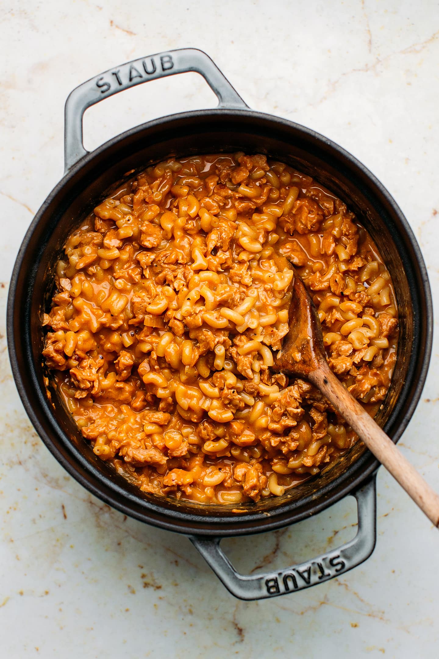 Cooked vegan hamburger helper in a pot.