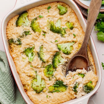 Broccoli rice casserole in a baking dish.