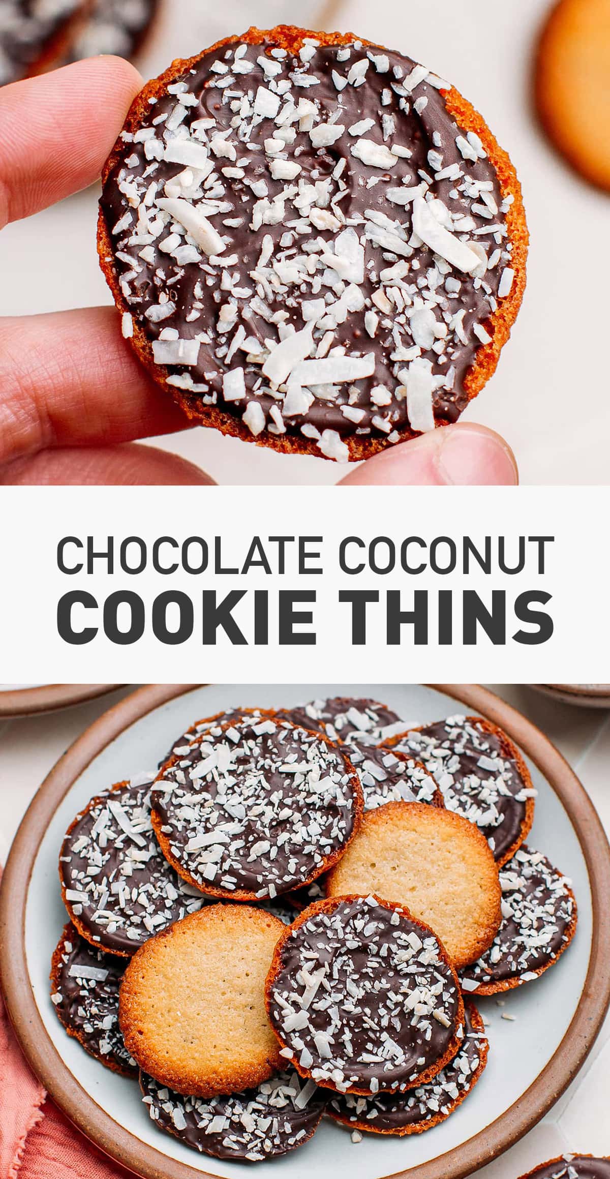These crispy and delicate chocolate coconut cookie thins are coated with a thin layer of dark chocolate and sprinkled with shredded coconut. Made with only 8 ingredients, these vegan thin cookies are an absolute delight. Enjoy them with a cup of tea or coffee, or gift them during the holiday season! #veganbaking #cookies #cookiethins