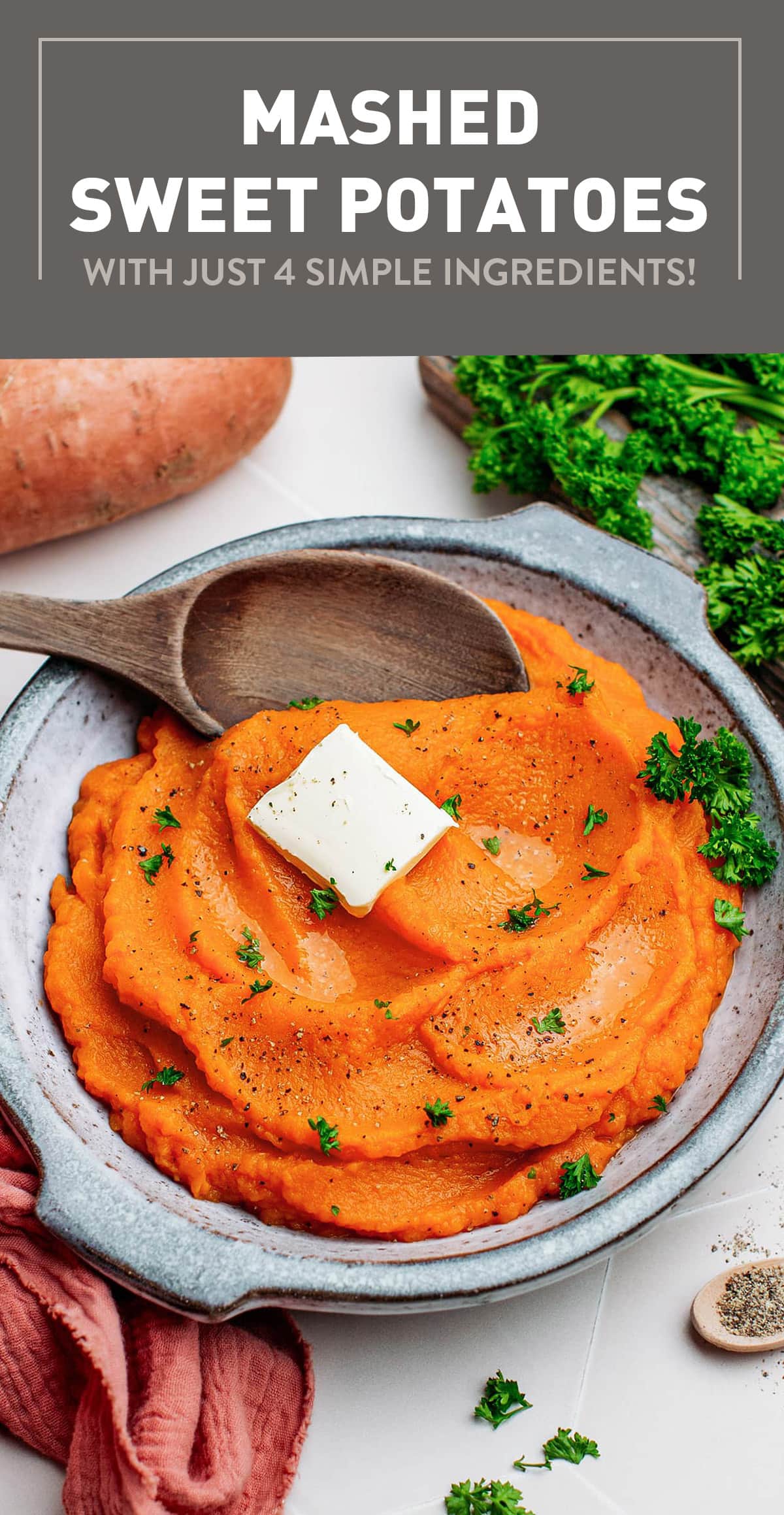 These creamy and fluffy roasted, mashed sweet potatoes are among the best side dishes to put on your holiday table! They are buttery and smooth and pack the perfect balance of sweet and salty. Best of all, they only require four simple ingredients to make! #mashedpotatoes #mashedsweetpotatoes #holidaycooking