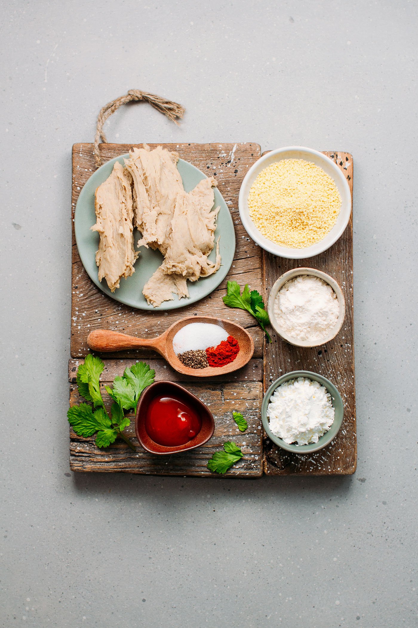 Ingredients to make vegan chicken nuggets, breadcrumbs, spices, cornstarch.