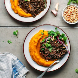 Curried Mashed Pumpkin with Spicy Green Lentils