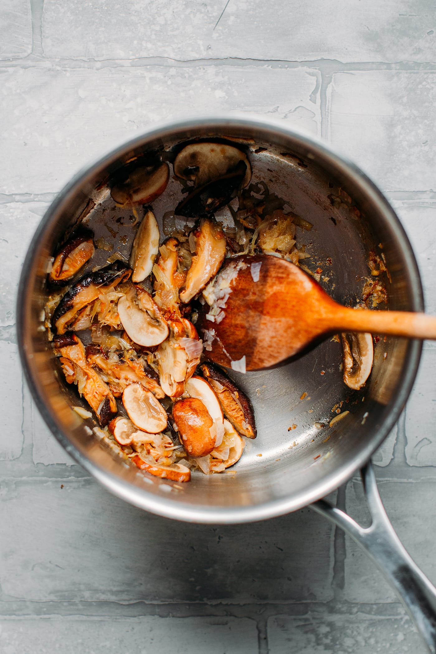 Sautéed mushrooms in a saucepan