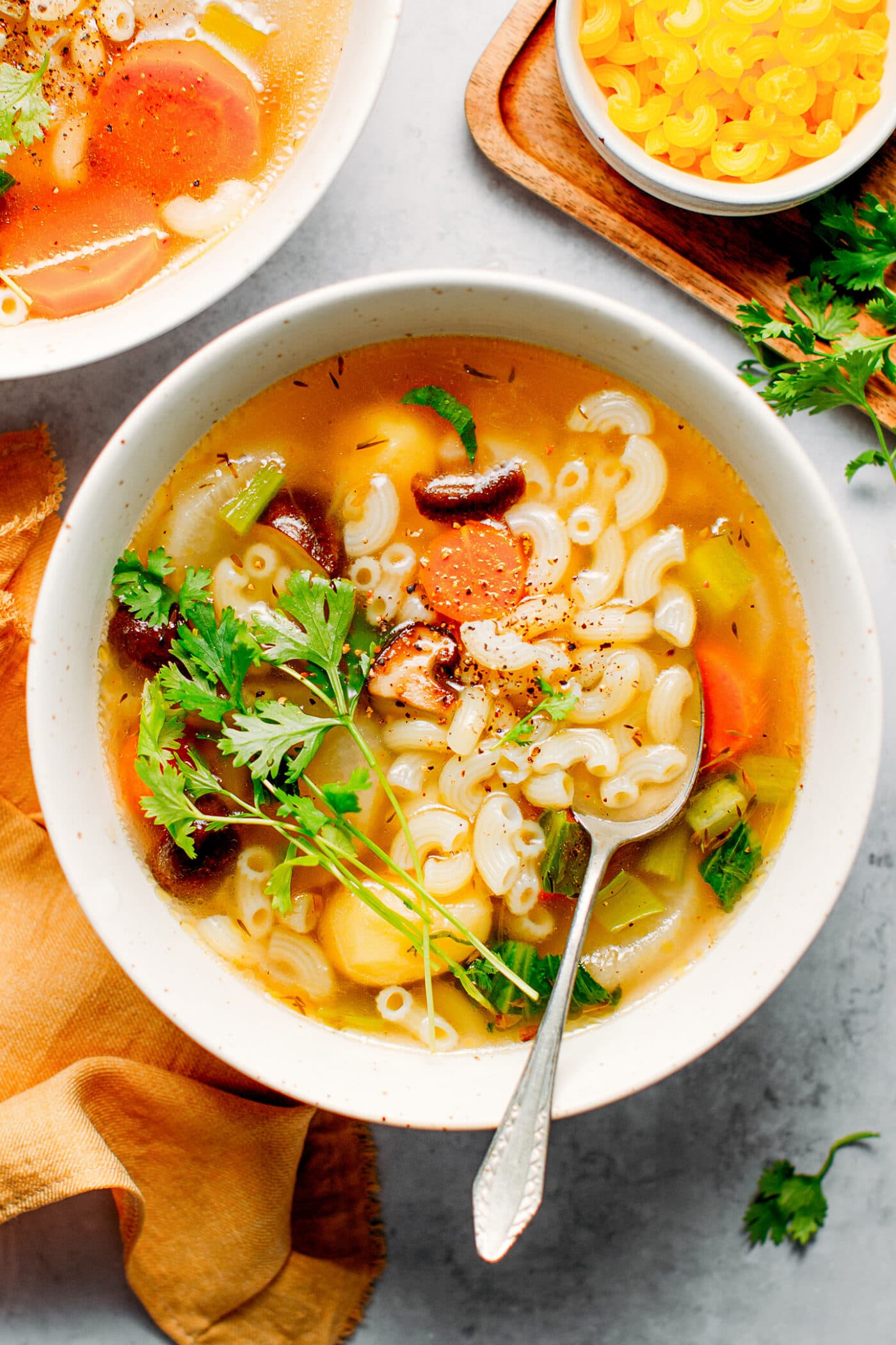 Vegetable macaroni soup with carrots, potatoes, mushrooms, and cilantro.