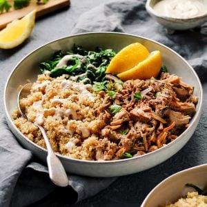 Easy Jackfruit “Chicken” Quinoa Bowls