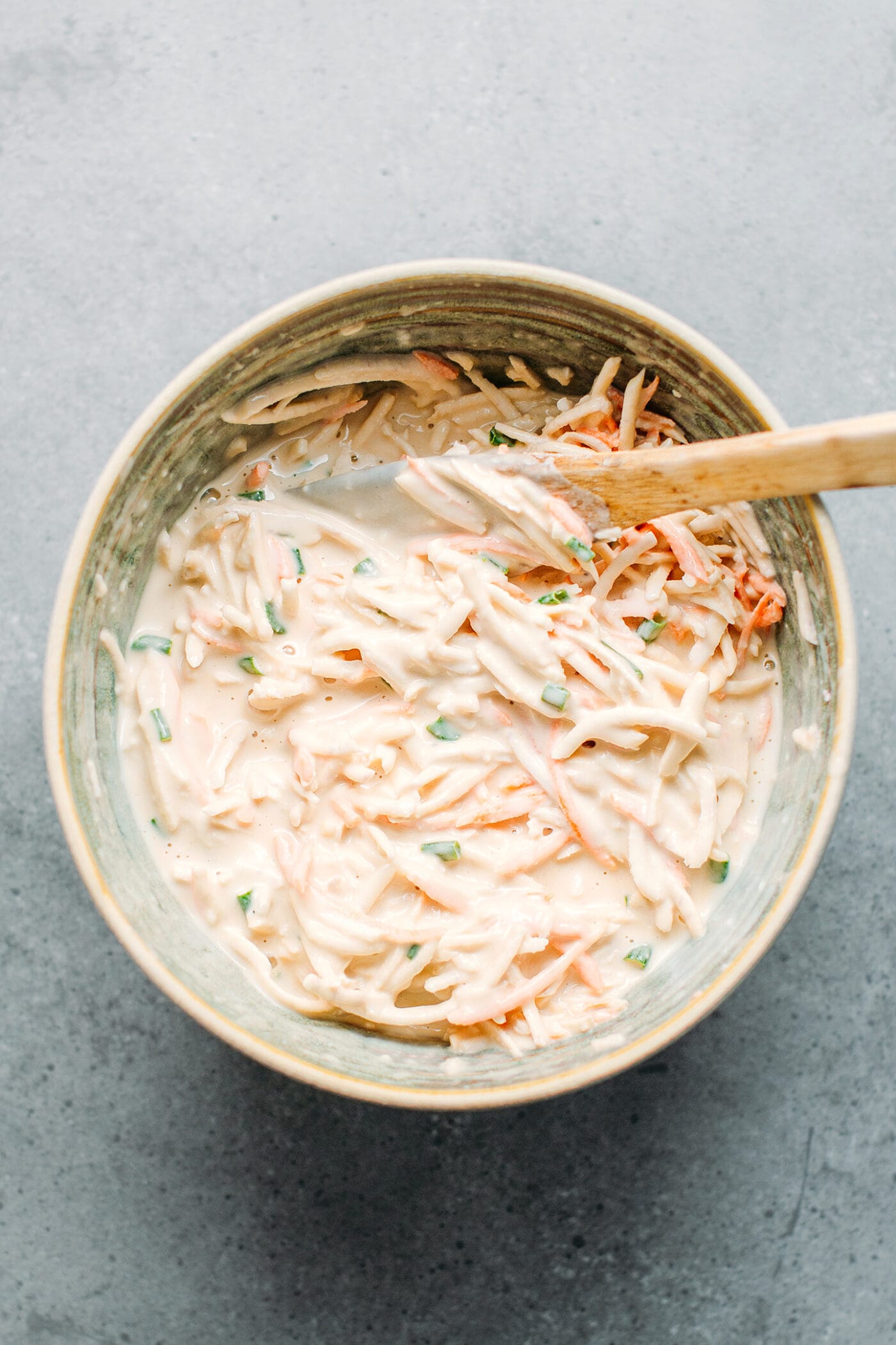 Fritter batter with shredded taro and carrots.