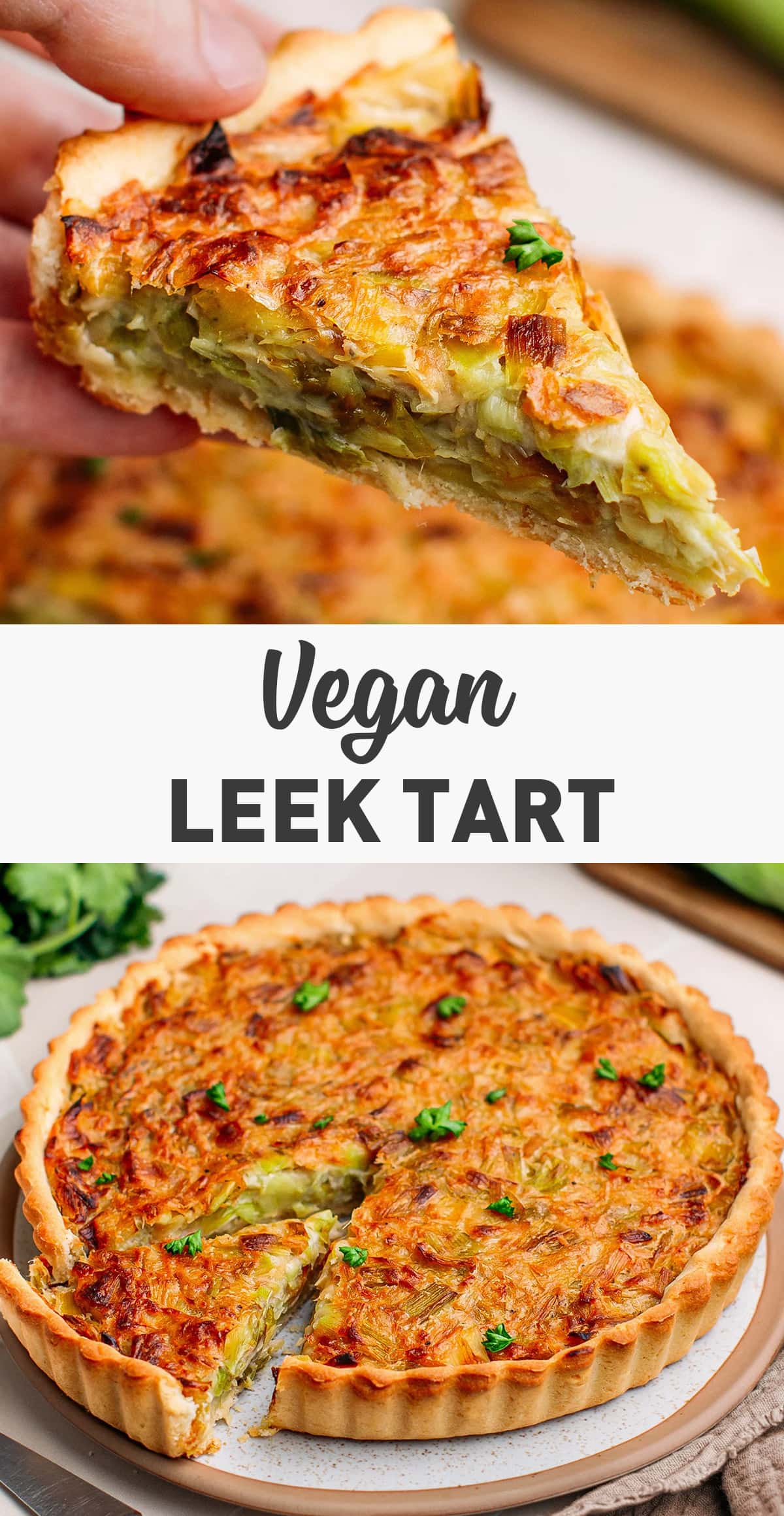 This French-inspired leek tart features a buttery and flaky shortcrust pastry filled with tender caramelized leeks and cashew cream. It's savory, rich, and so hearty! Serve it warm as a main with a green salad or chilled as an appetizer! #leektart #vegan