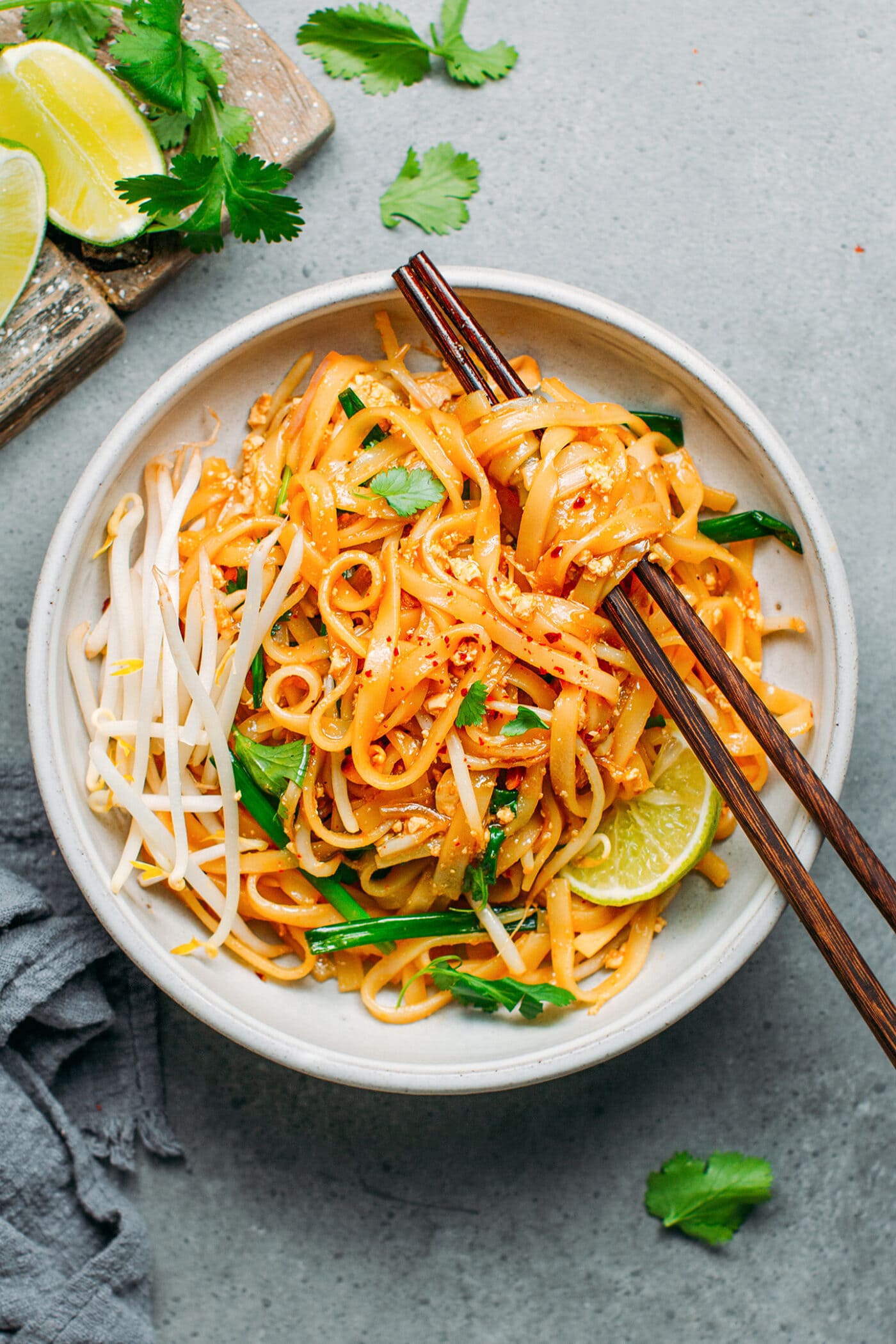 Vegan Pad Thai with bean sprouts, garlic chives and rice noodles.