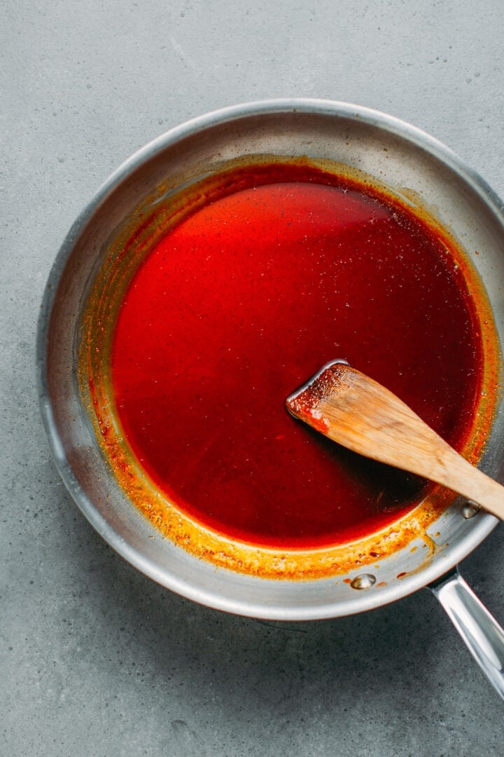 Pad thai sauce in a skillet.