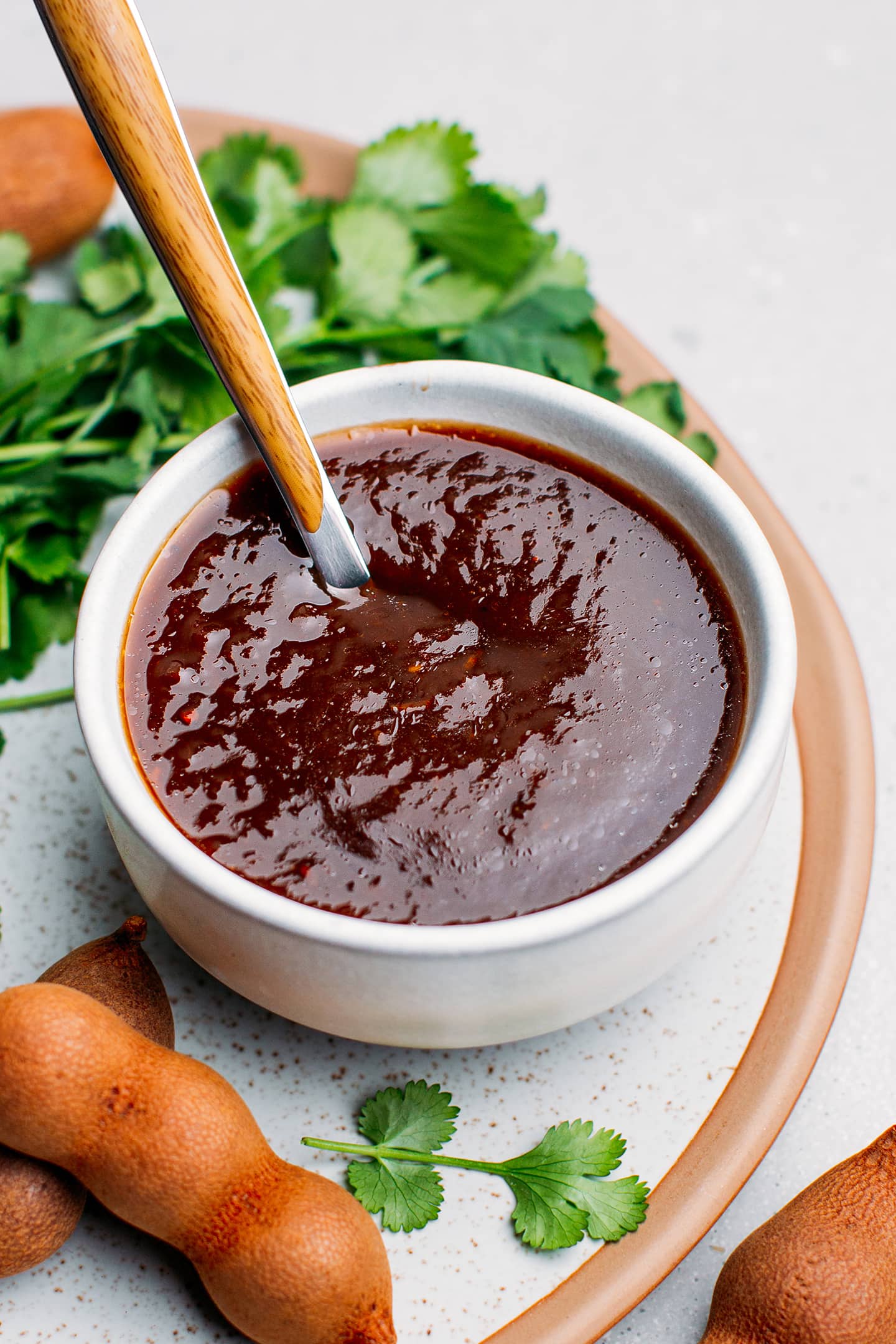 Tamarind dipping sauce in a small bowl.