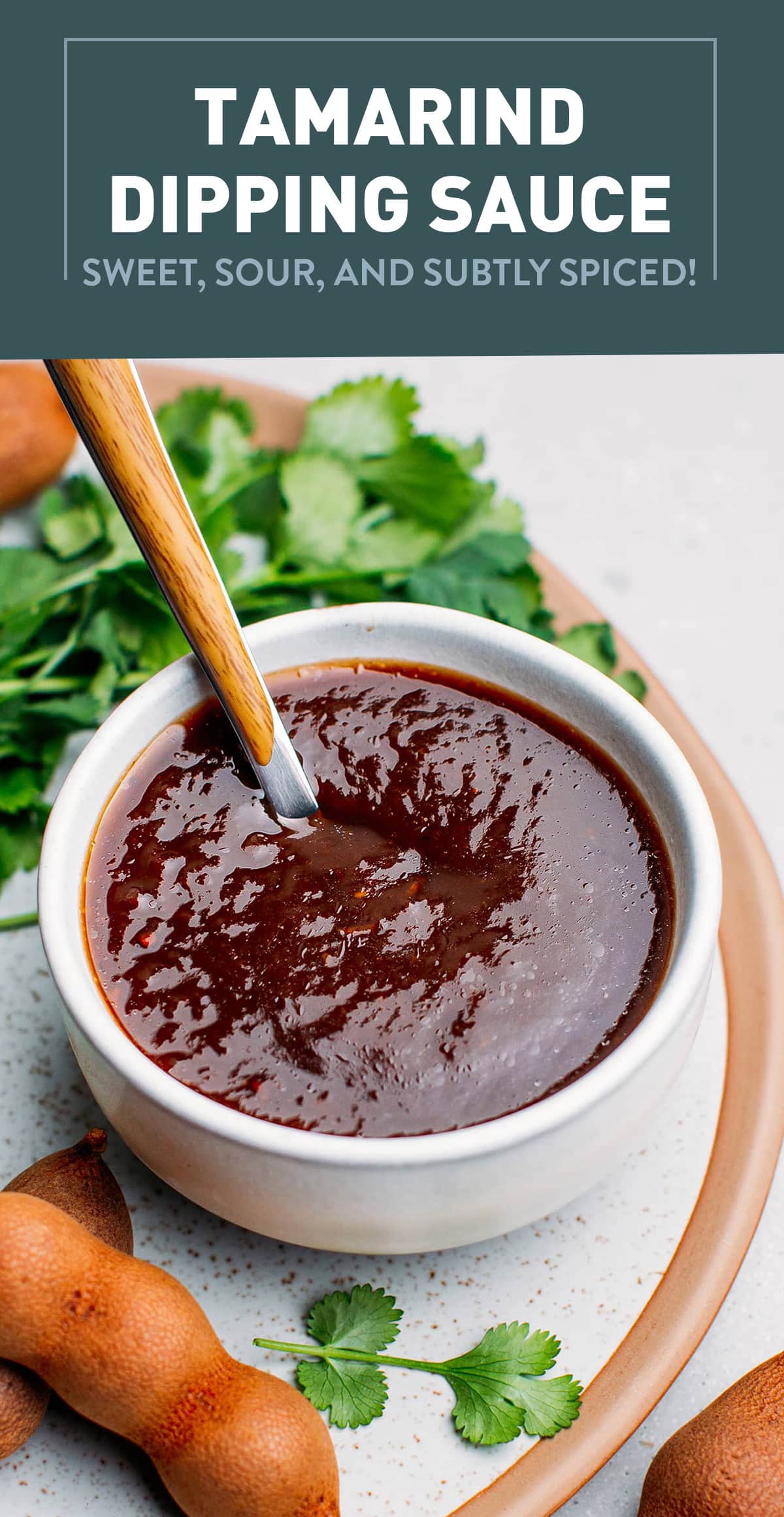This tamarind dipping sauce is sweet, sour, and subtly infused with Indian spices such as cumin seeds, ginger, chili, and garam masala. It's the ultimate dipping sauce for samosas, pakora, egg rolls, or fries! #tamarind #indianfood