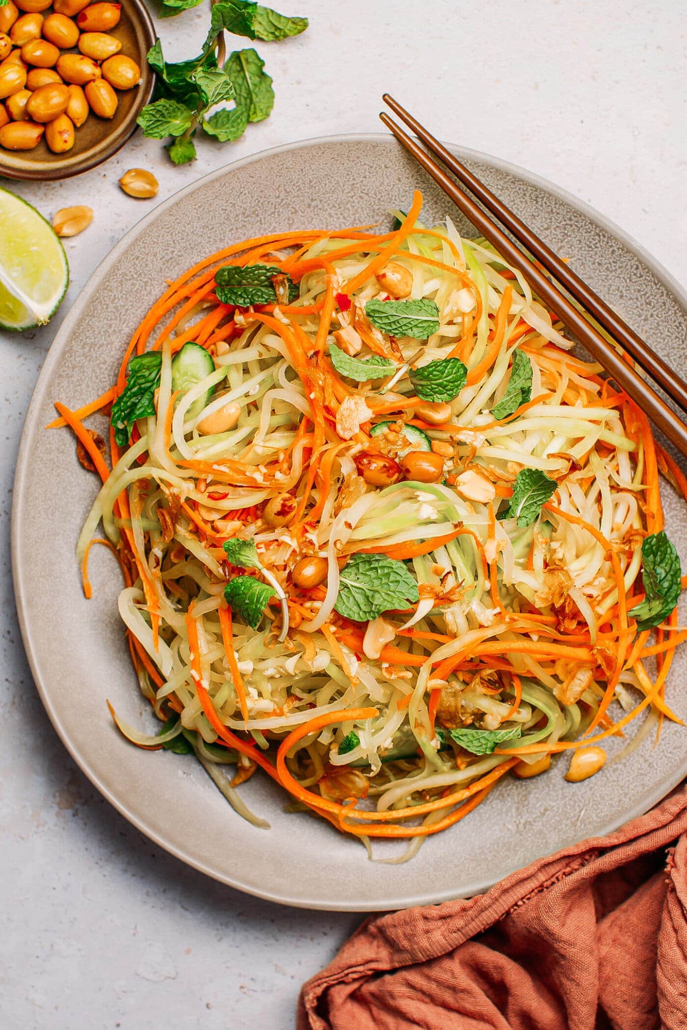 Vietnamese green papaya salad with carrots, mint, and peanuts.