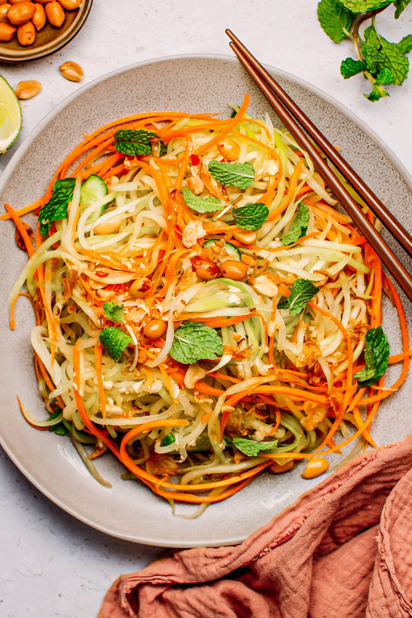 Vietnamese green papaya salad with carrots, mint, and peanuts.