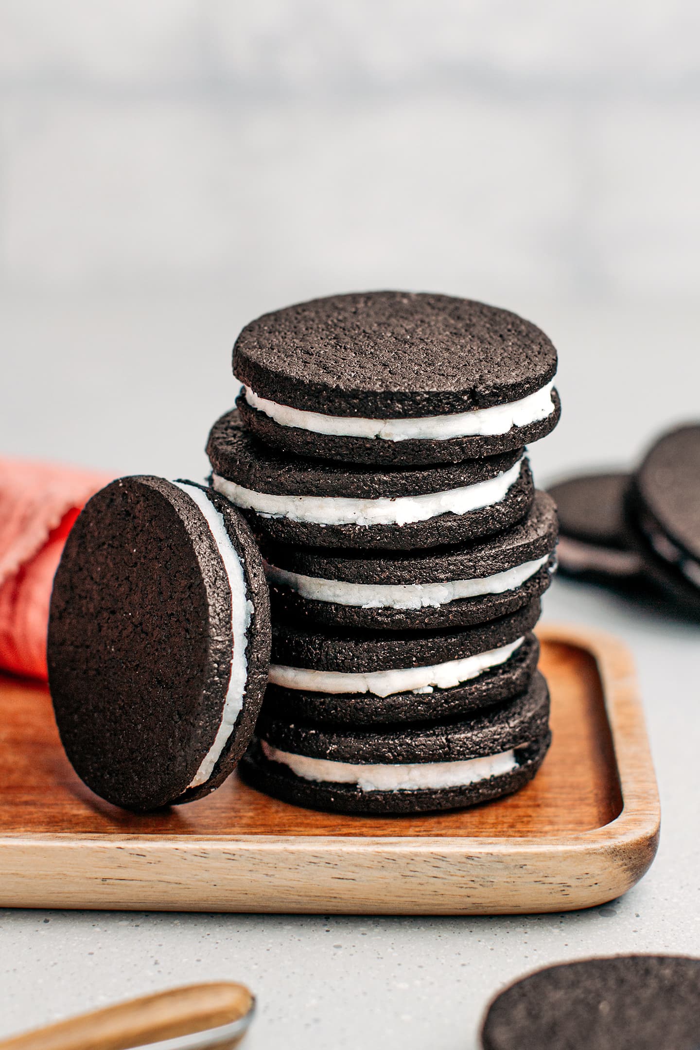 Stack of homemade oreo cookies.