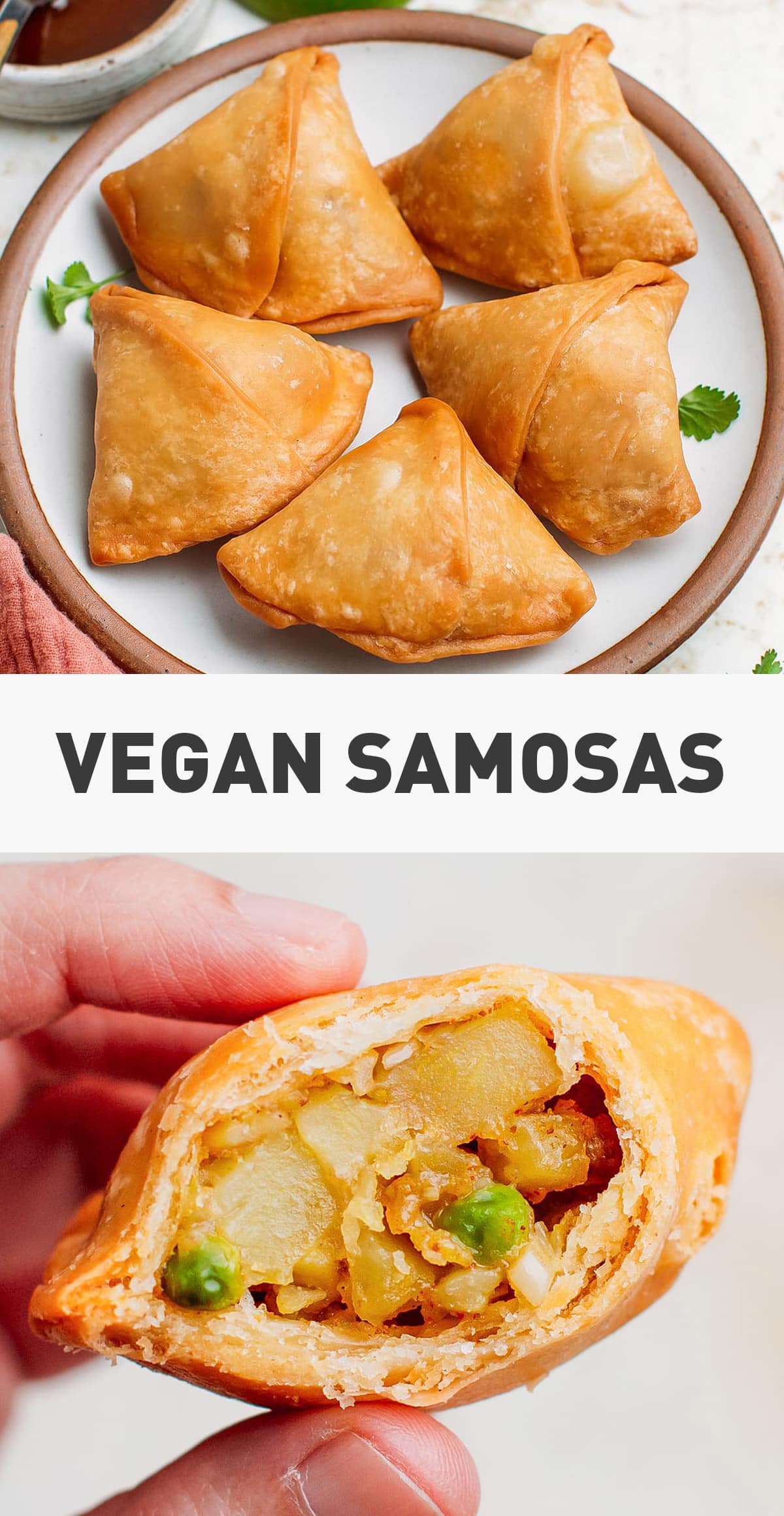 Learn how to make vegan samosas from scratch! This Indian-inspired appetizer features a tender potato filling infused with plenty of spices and enclosed in a crispy homemade pastry shell. Serve with tamarind chutney or a mint dipping sauce for a tasty plant-based appetizer! #indianfood #veganrecipes