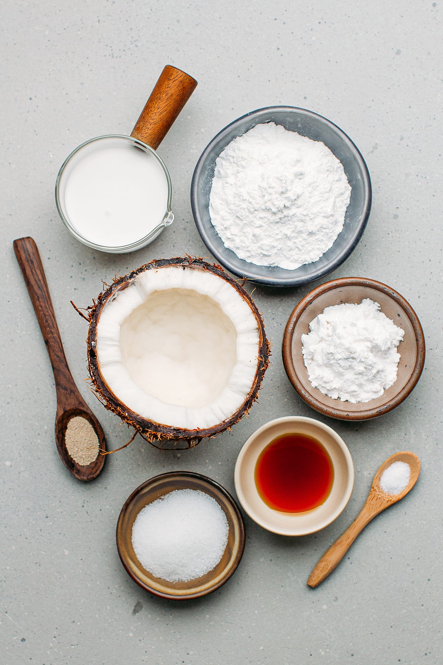 Ingredients like rice flour, tapioca starch, yeast, and coconut milk.