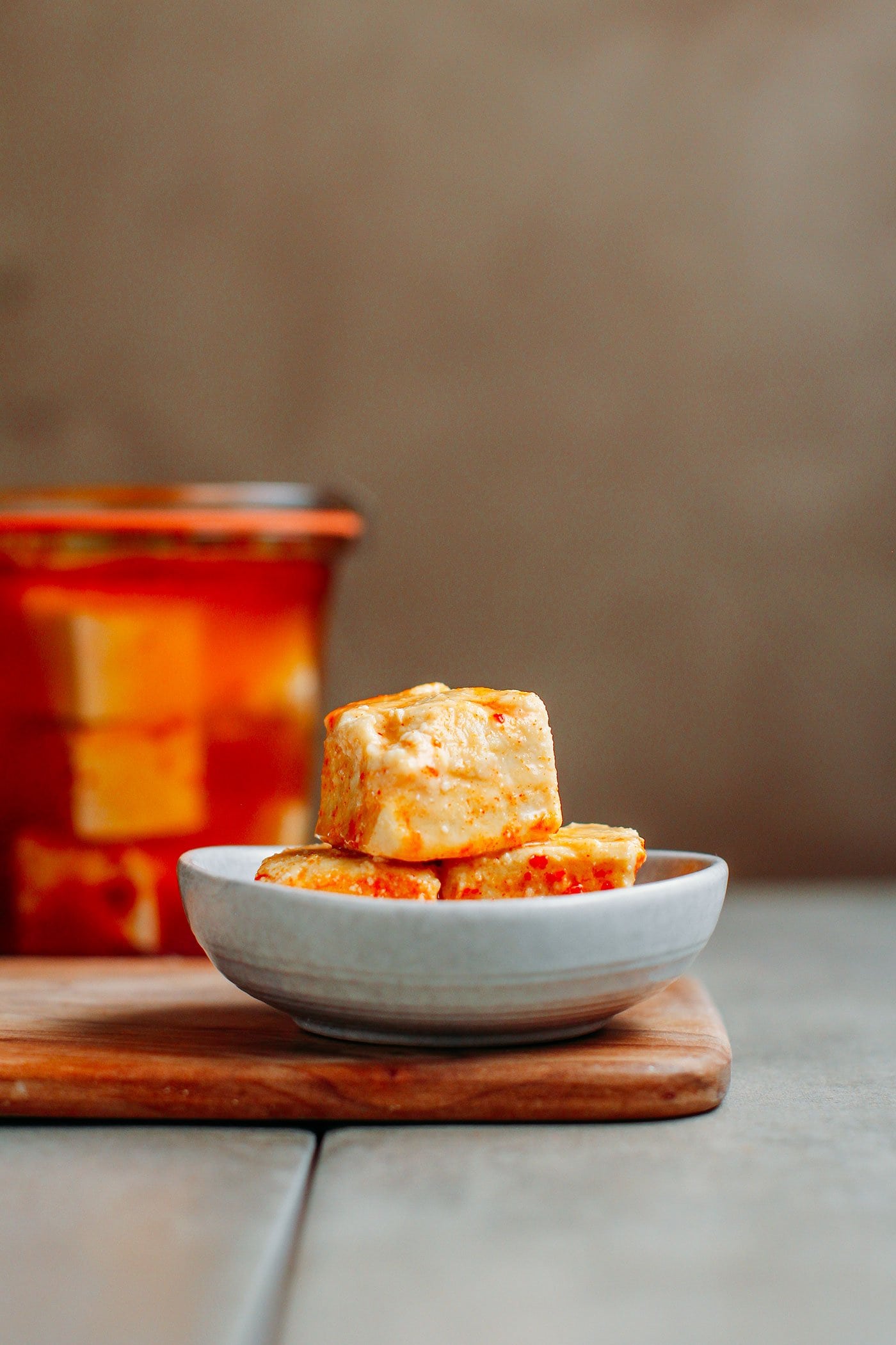 Fermented tofu cubes in a bowl.