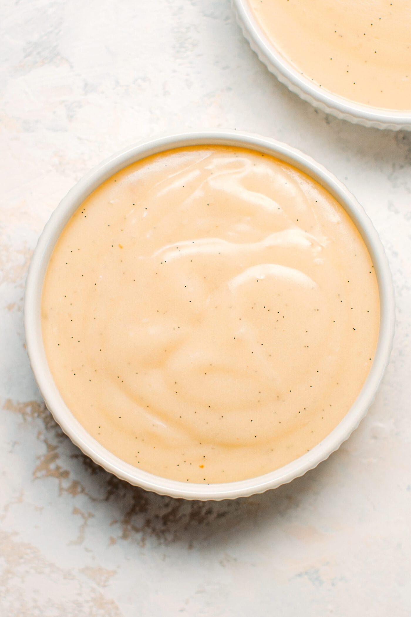 Vanilla custard in a ramekin.