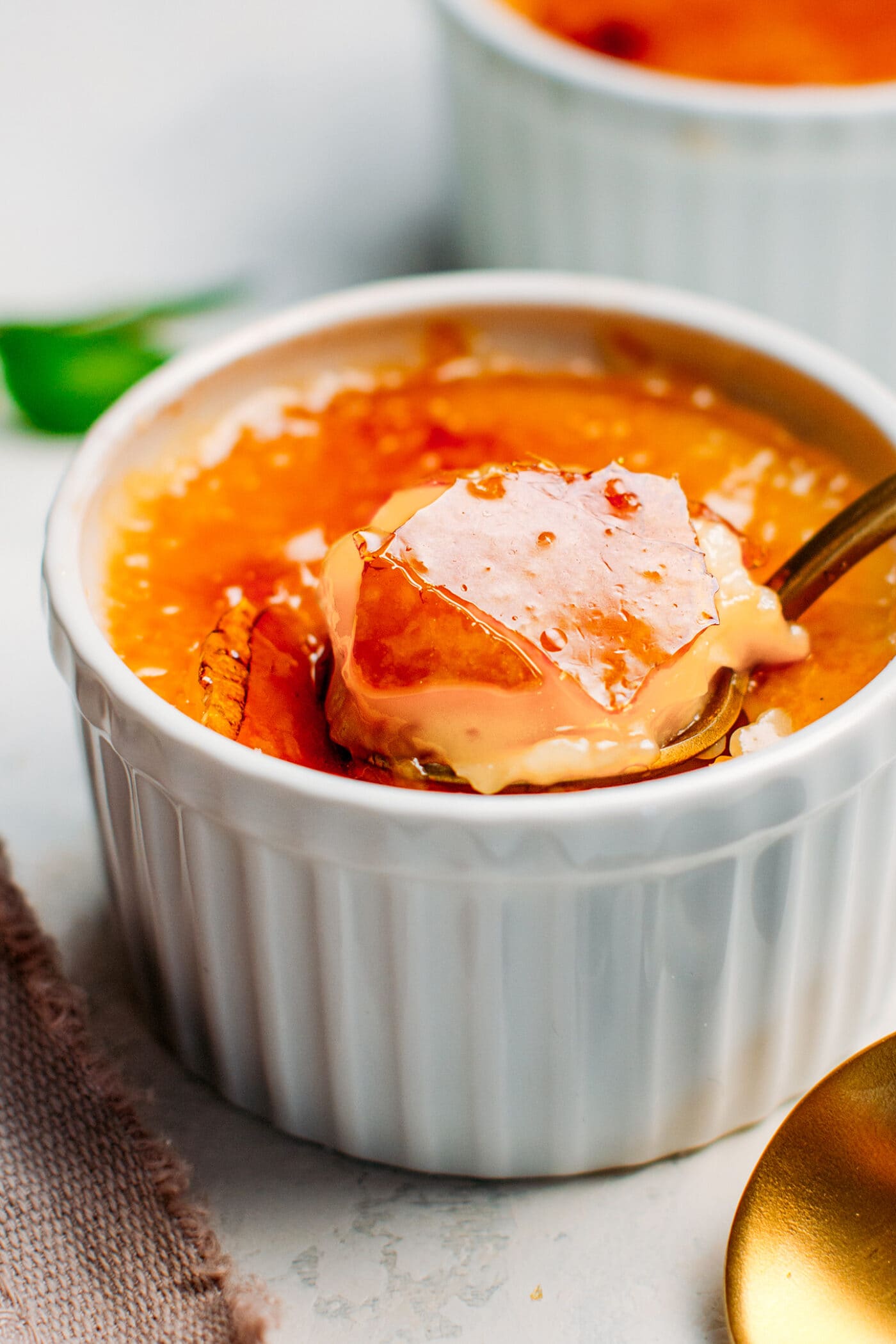 Close up of vegan crème brûlée with vanilla custard and caramel.