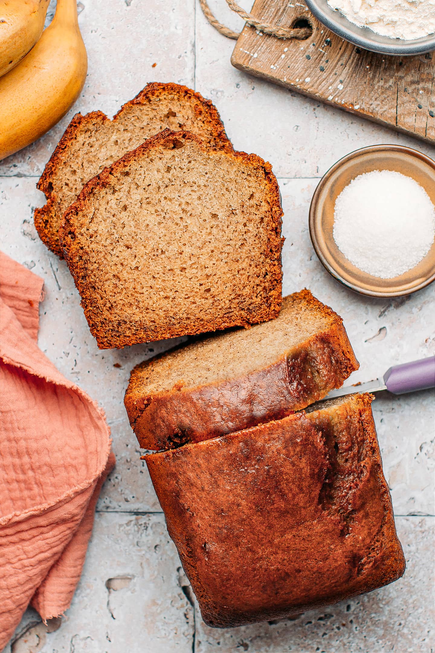 Slices of vegan banana bread.