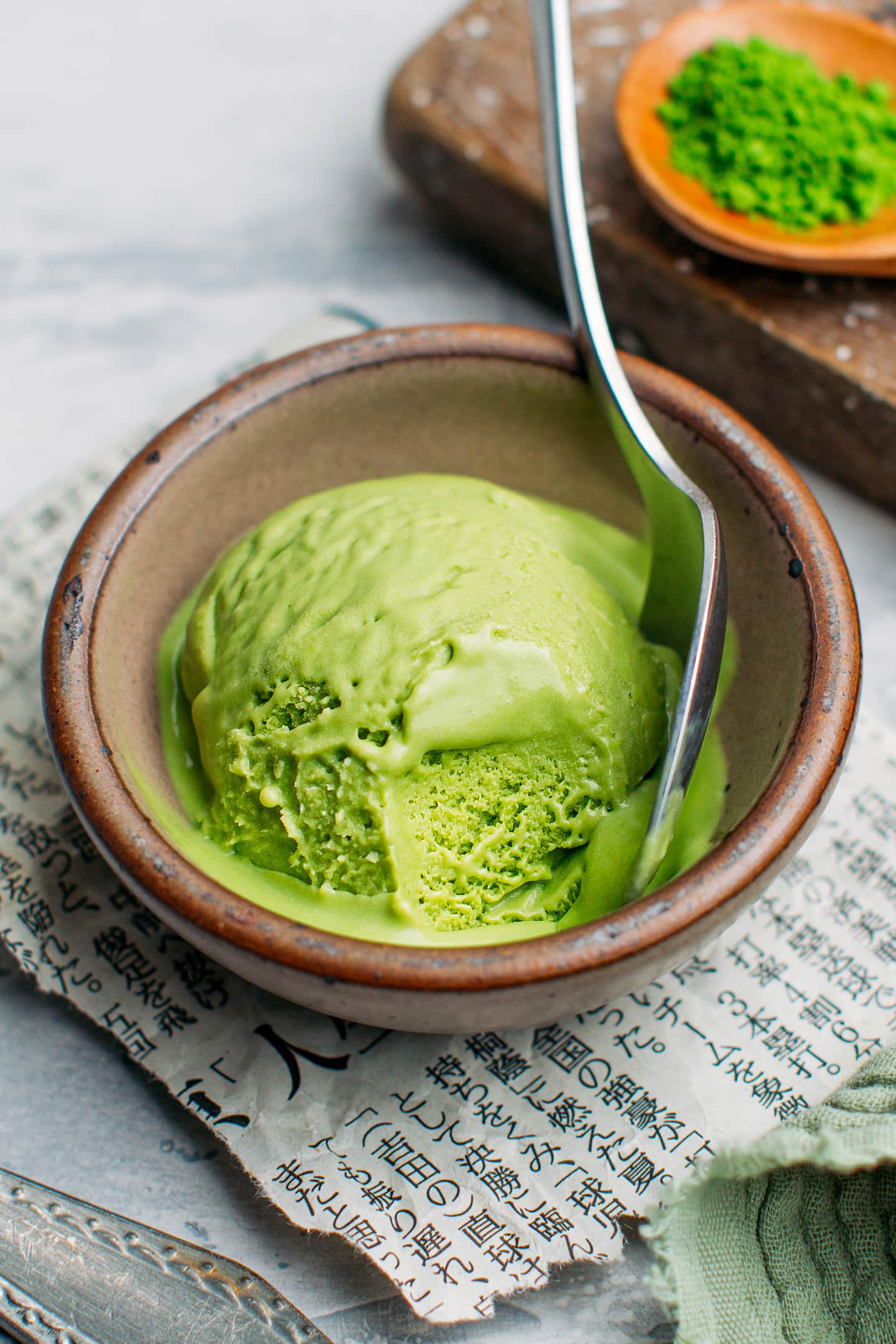 Close-up of a scoop of matcha ice cream.