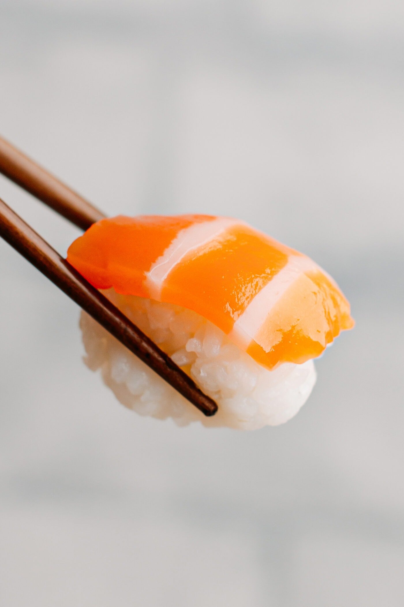 Close-up of vegan salmon nigiri.