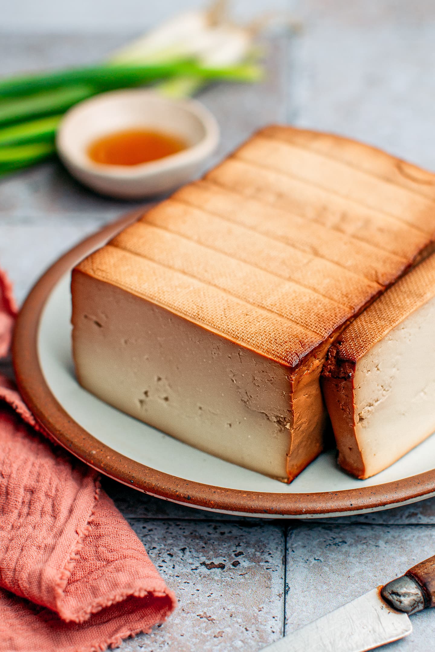 Close-up of a block of smoked tofu.