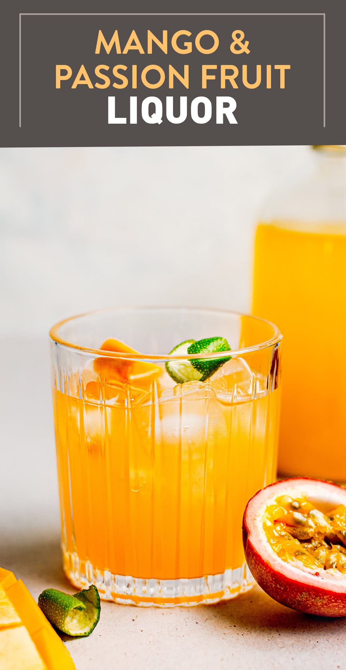 Fresh and fruity homemade liquor infused with fresh mango and passion fruit! Serve chilled as an appetizer or use as a base for cocktails! #liquor #mango #drinks