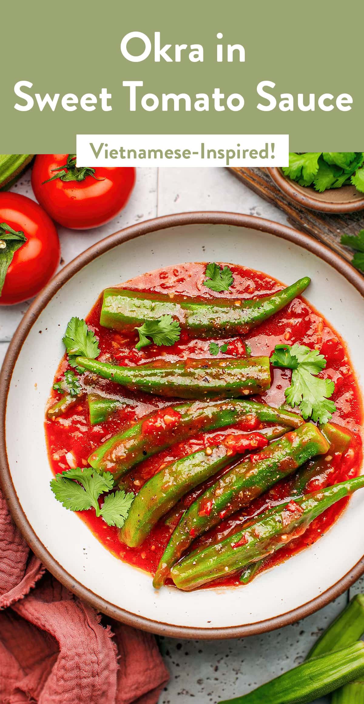 This Vietnamese-inspired dish features tender okra pods simmered in a delicious sweet and salty tomato sauce! This healthy and comforting side dish is packed with flavor and pairs perfectly with steamed white rice, quinoa, or couscous. #okra