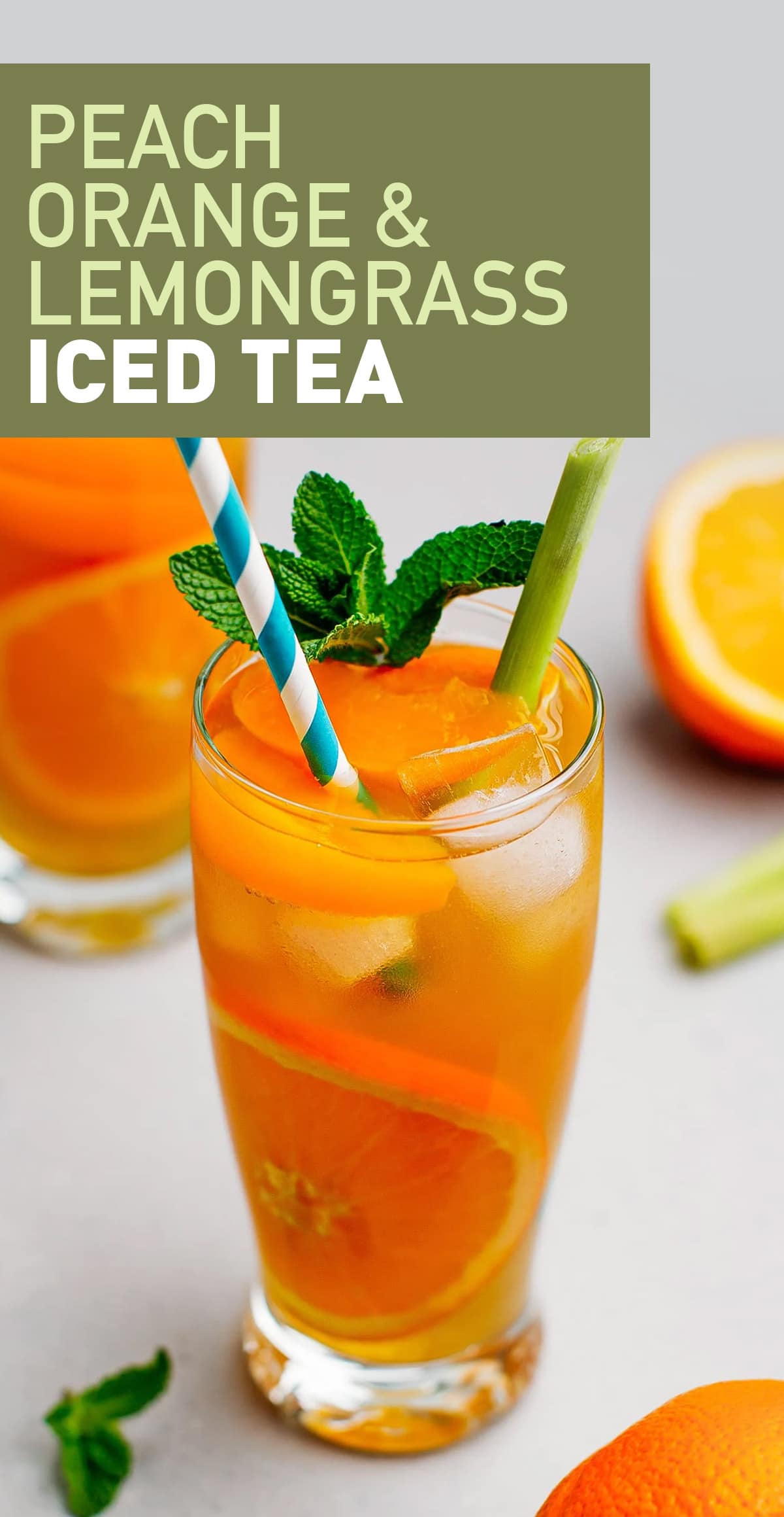 Looking for a refreshing and healthy drink to enjoy this summer? Look no further than our Vietnamese-inspired peach, orange, and lemongrass iced tea! This classic iced tea has a floral and citrusy aroma that will surely satisfy your thirst! #icedtea