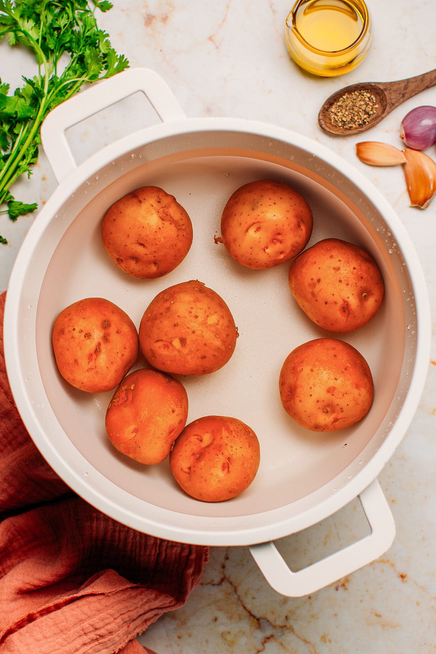 Baby potatoes in a pot.