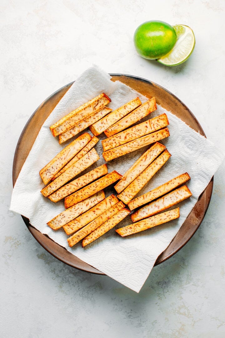 Taro fries on a plate.