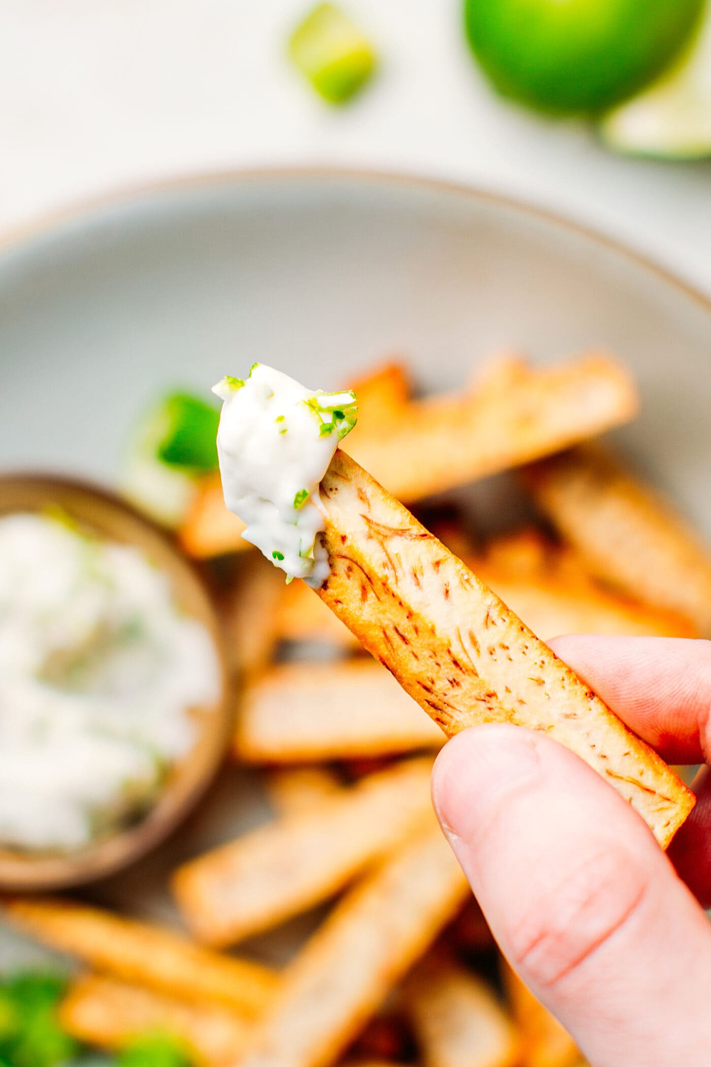 Close up of a taro fry with mayo.