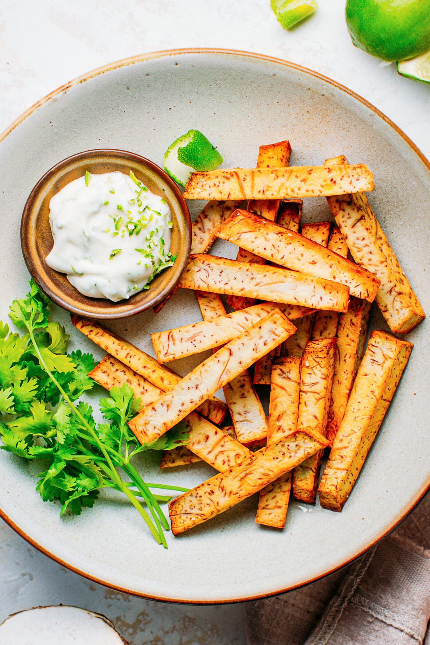 Taro fries with mayo and cilantro.