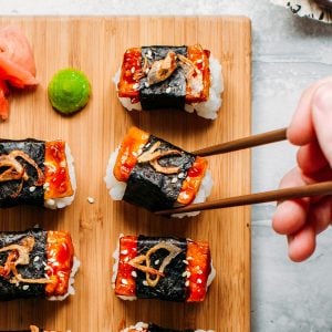 Teriyaki Tofu Nigiri with Crispy Shallots