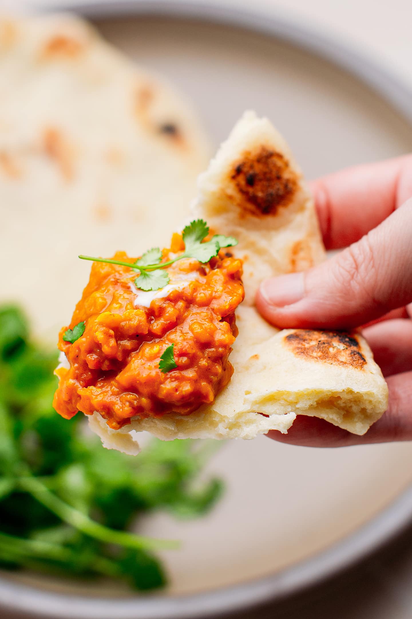 Close-up of a hand holding a piece of naan with red lentil curry.