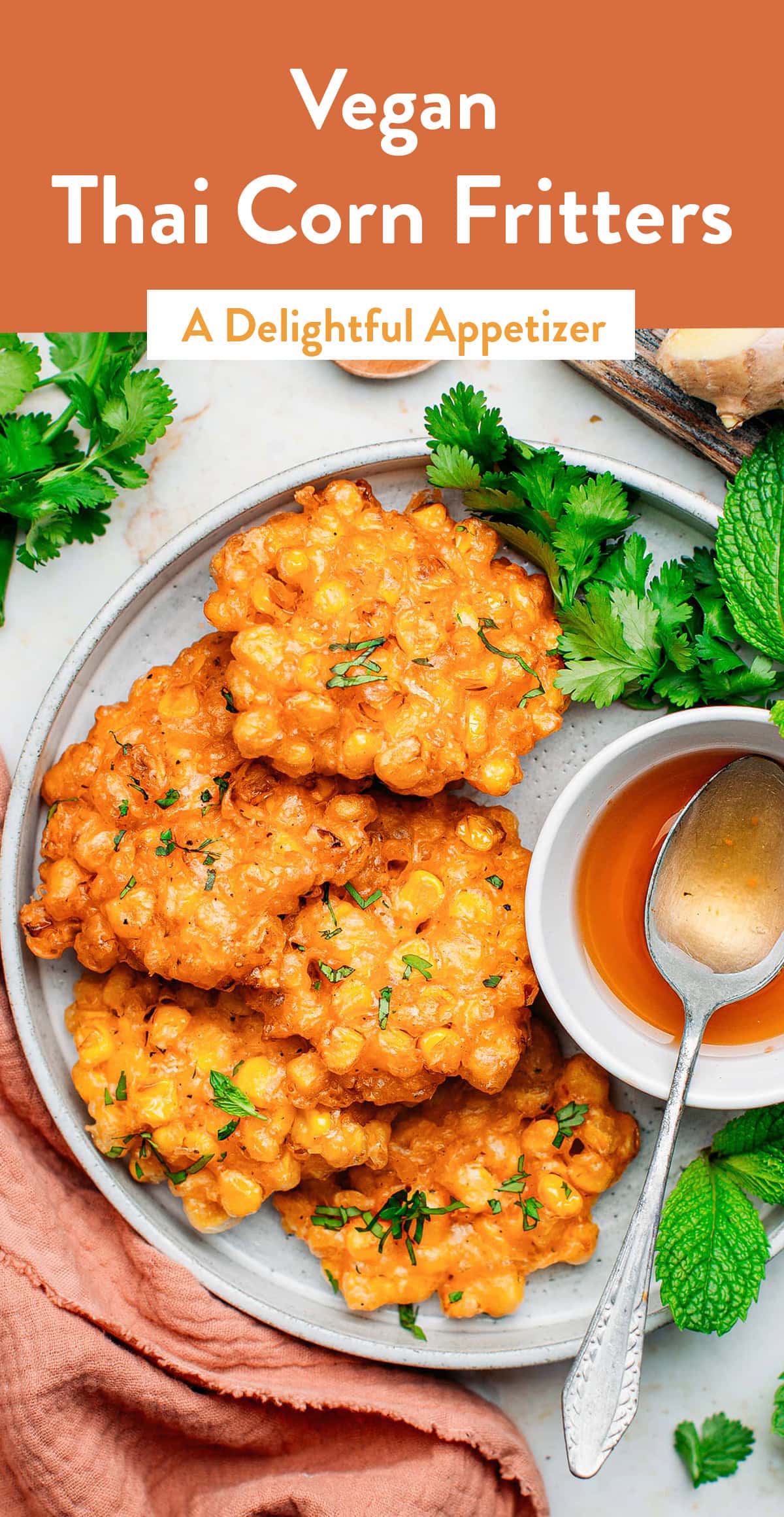 These Thai-inspired corn fritters are amazingly crispy on the outside, fluffy and tender on the inside, and subtly infused with red curry paste, ginger, and garlic! A delightful appetizer that can be served with sweet chili sauce or a zesty yogurt sauce! #cornfritters #vegan #plantbased