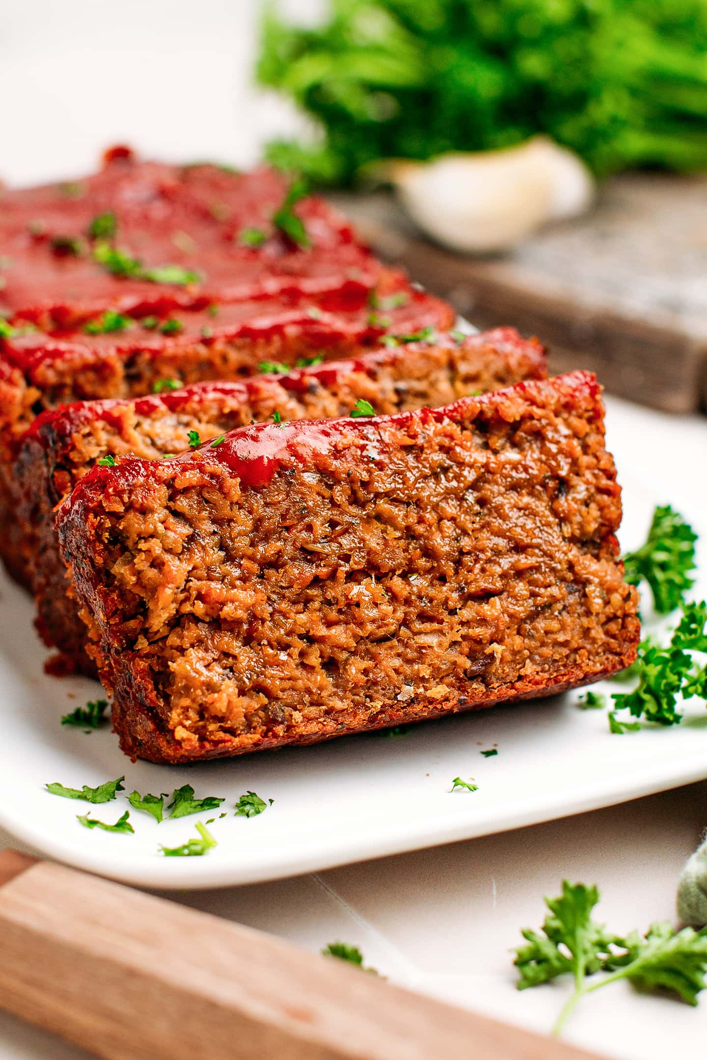 Close-up of a slice of vegan meatloaf.