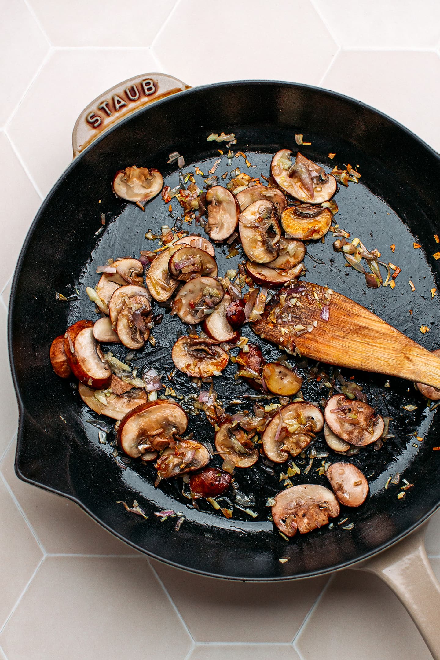 Sautéed mushrooms in a pan.