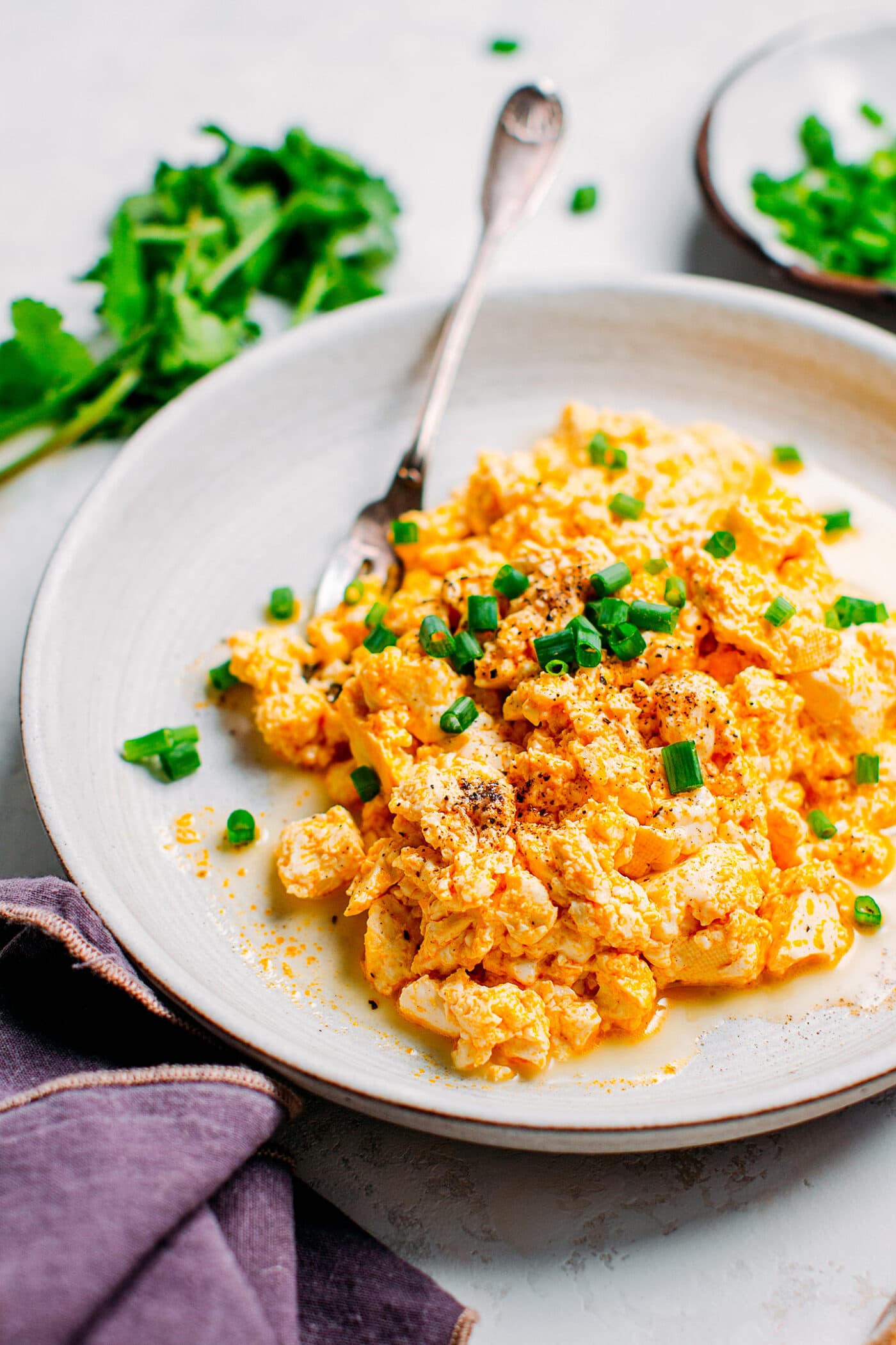 Close up of vegan tofu scramble on a plate with scallions.