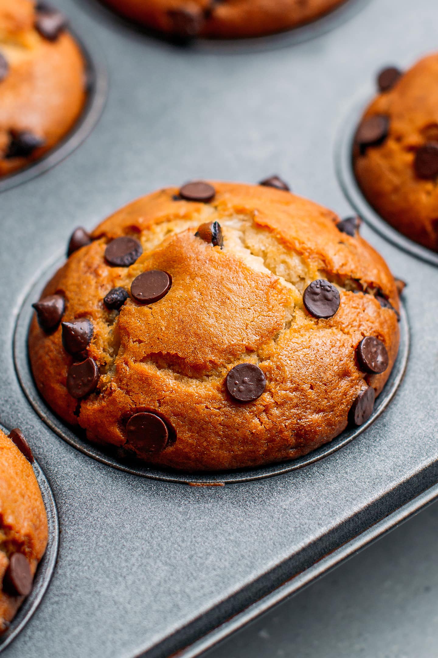 Close up of vegan chocolate chip muffins.