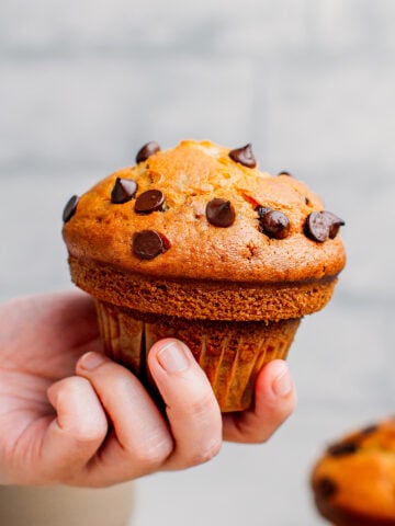 Close up of a dark chocolate chip vegan muffin.