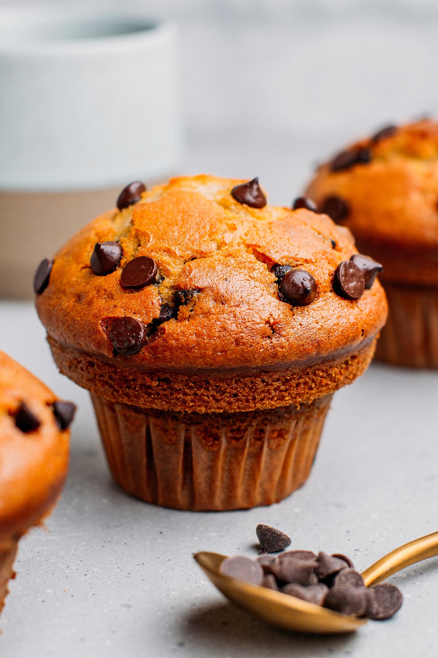 Vegan muffin topped with chocolate chips.