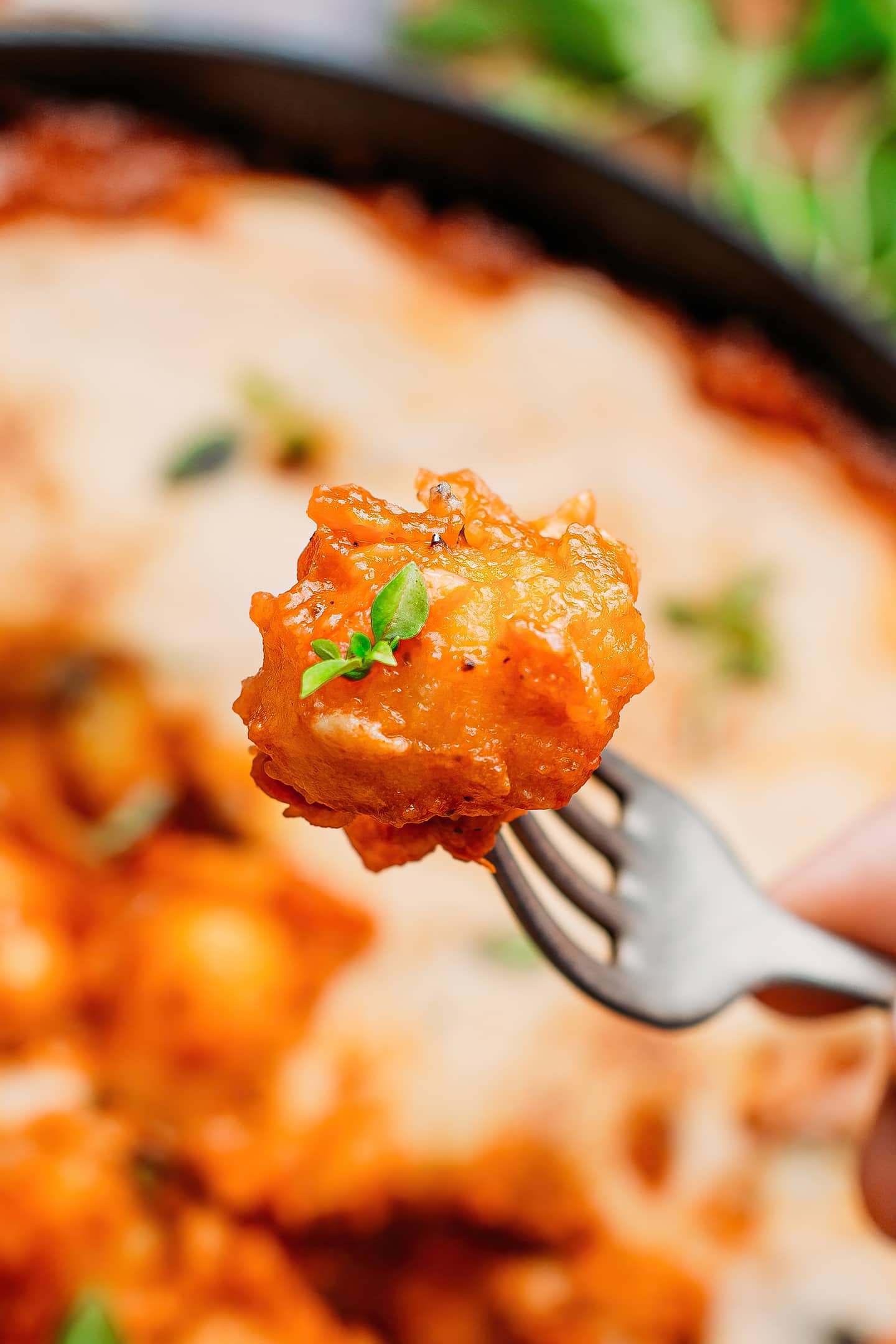 Close-up of gnocchi with tomato sauce.